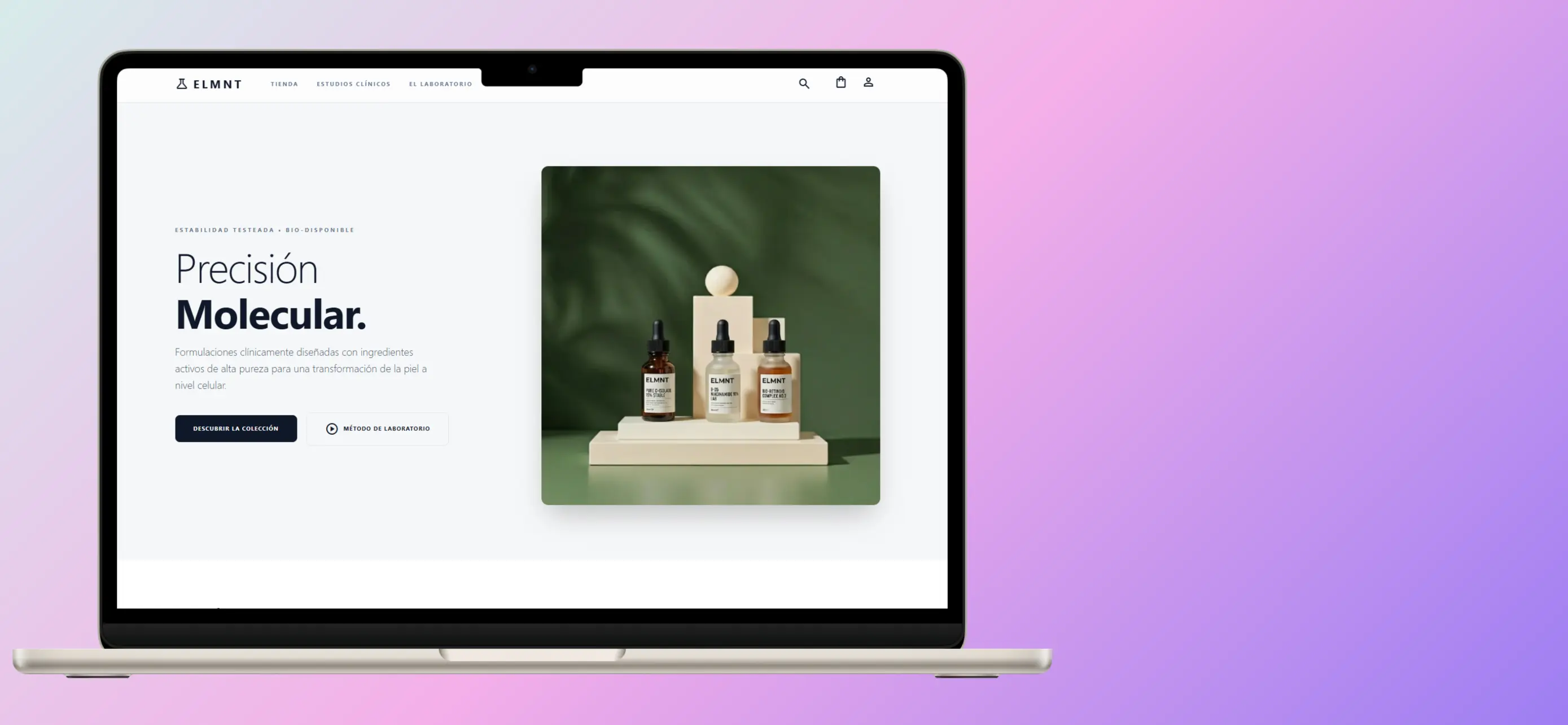 Interfaz del ecommerce de skincare ELMNT